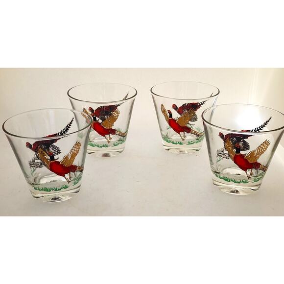 GLASSES/OLD FASHION/Vintage Pheasant-MCM-Hunting Barware-Red Gold-Set of 4 - Picture 11 of 14